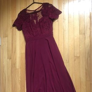 Burgundy Lace Bodice Maxi Dress with Cap Sleeves and Leg Slit from Maniju